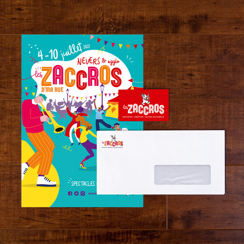 affiche, carte de visite et enveloppe représentant l'identité graphique de l'association "les Zaccros"